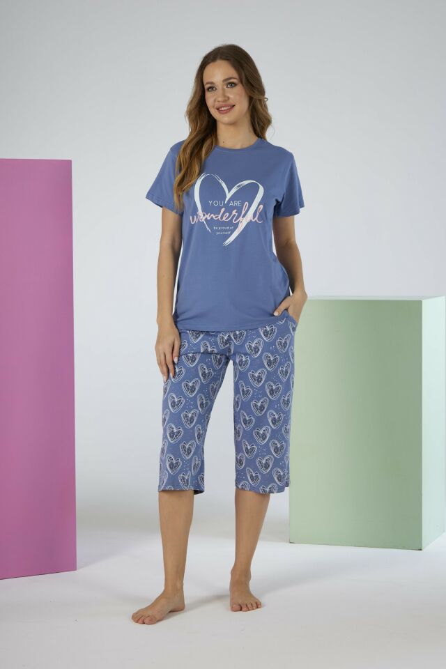 Kadın Yazlık Kalp Desenli Kısa Kollu Kaprili Penye Lycra Pijama Takımı - Mavi