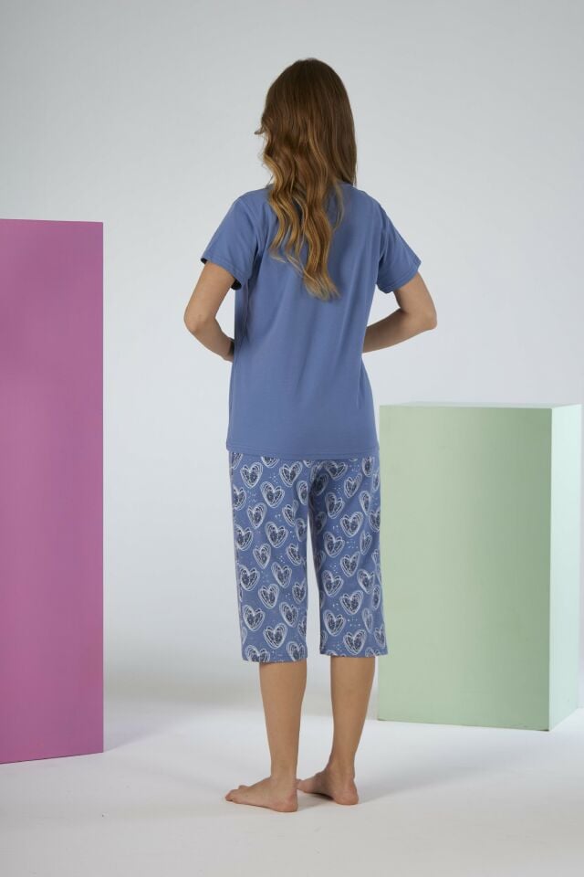 Kadın Yazlık Kalp Desenli Kısa Kollu Kaprili Penye Lycra Pijama Takımı - Mavi