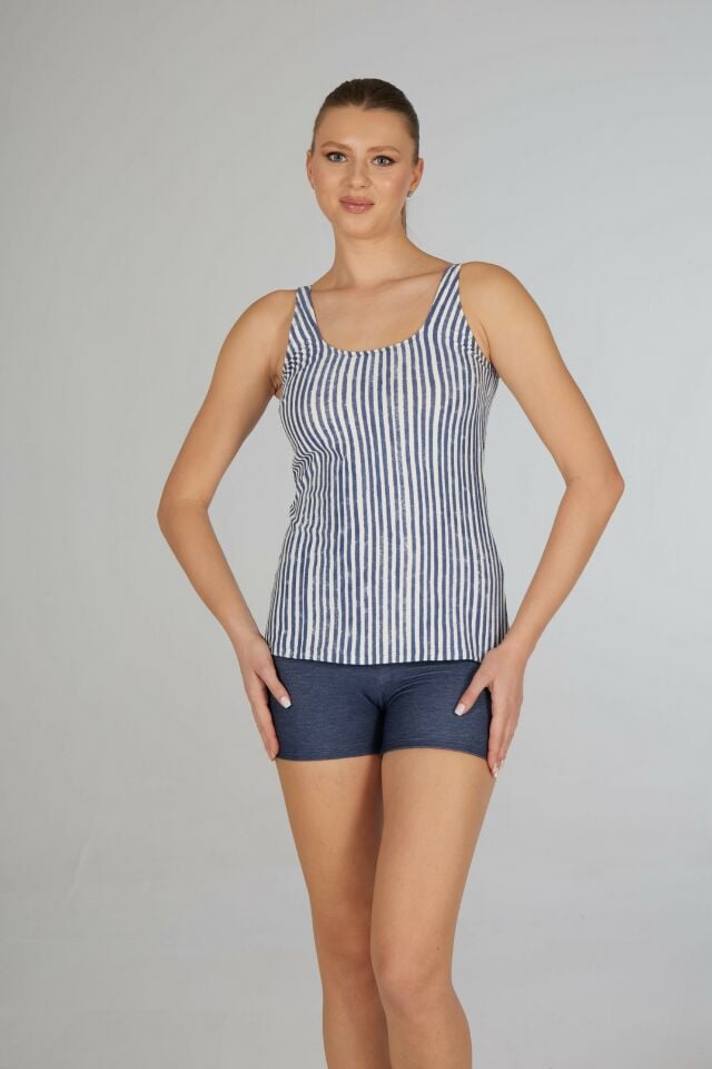 Estiva Kadın Çizgili Mavi Emprime Şortlu Tankini alternatif görsel