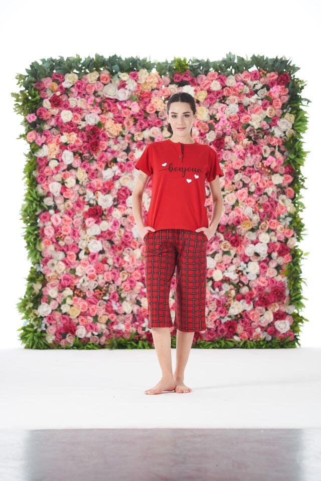 Kadın Yazlık Kareli Kısa Kollu Kaprili Penye Lycra Pijama Takımı - Kırmızı