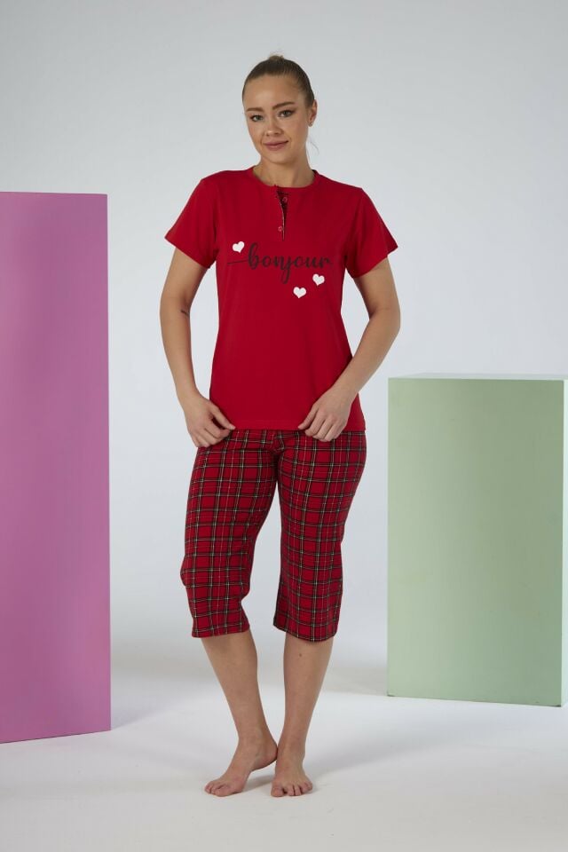 Kadın Yazlık Kareli Kısa Kollu Kaprili Penye Lycra Pijama Takımı - Kırmızı