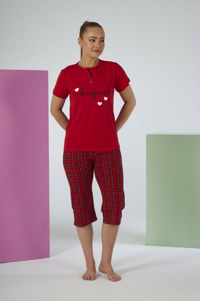 Kadın Yazlık Kareli Kısa Kollu Kaprili Penye Lycra Pijama Takımı - Kırmızı