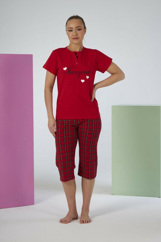 Kadın Yazlık Kareli Kısa Kollu Kaprili Penye Lycra Pijama Takımı - Kırmızı