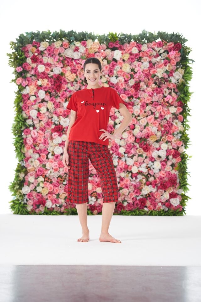 Kadın Yazlık Kareli Kısa Kollu Kaprili Penye Lycra Pijama Takımı - Kırmızı
