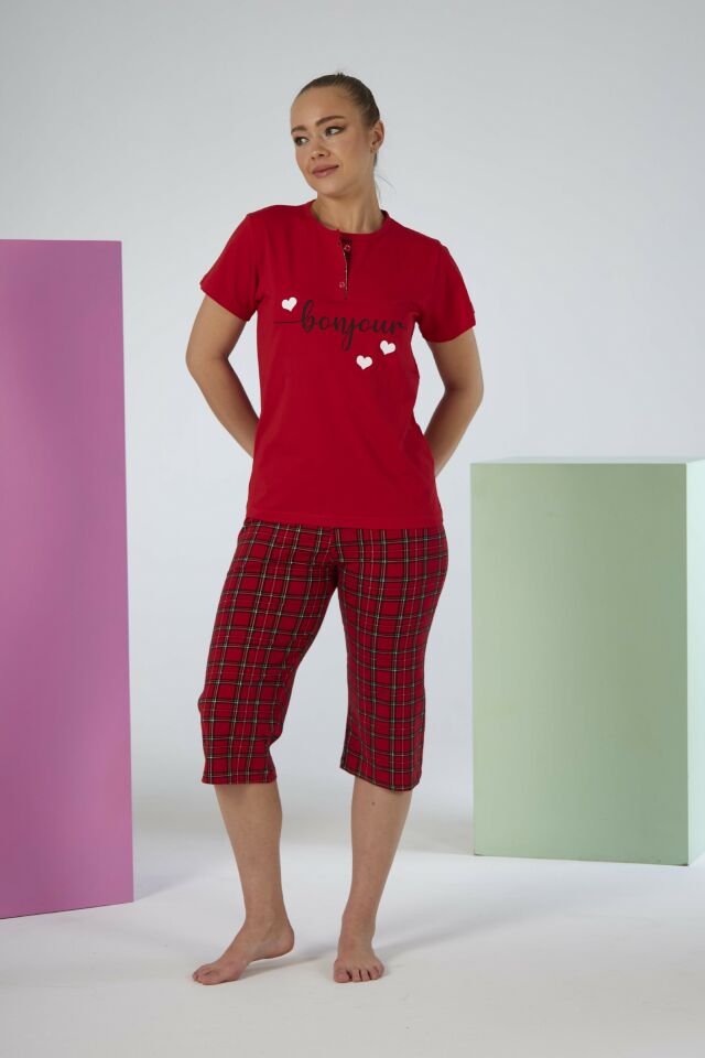 Kadın Yazlık Kareli Kısa Kollu Kaprili Penye Lycra Pijama Takımı - Kırmızı