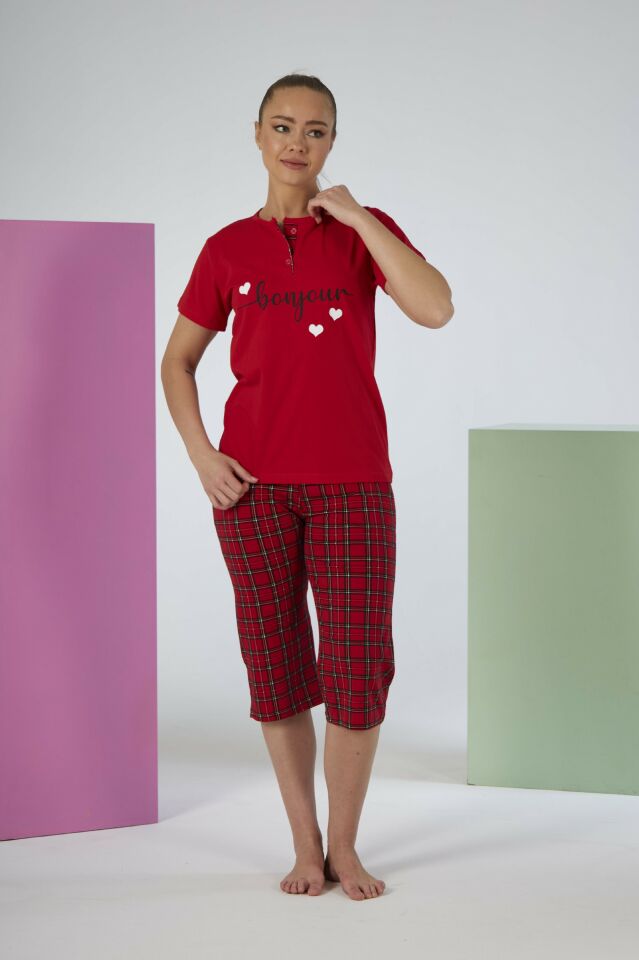 Kadın Yazlık Kareli Kısa Kollu Kaprili Penye Lycra Pijama Takımı - Kırmızı