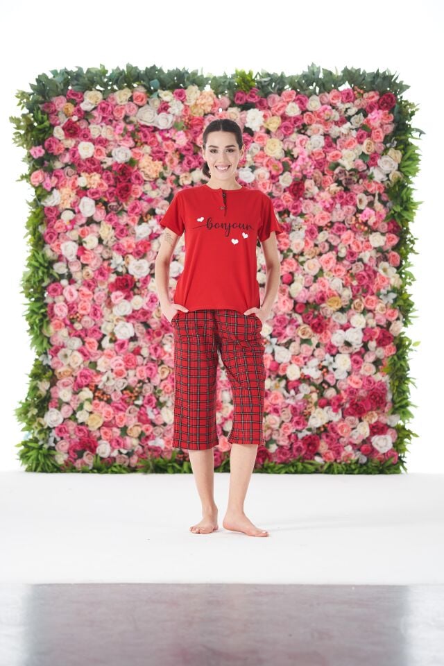 Kadın Yazlık Kareli Kısa Kollu Kaprili Penye Lycra Pijama Takımı - Kırmızı