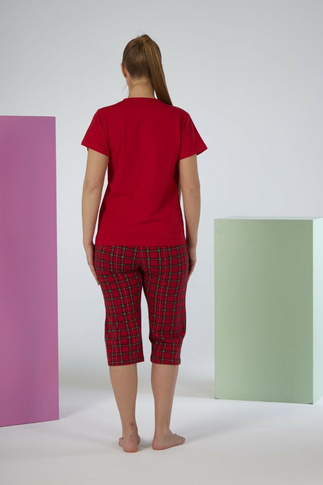 Kadın Yazlık Kareli Kısa Kollu Kaprili Penye Lycra Pijama Takımı - Kırmızı