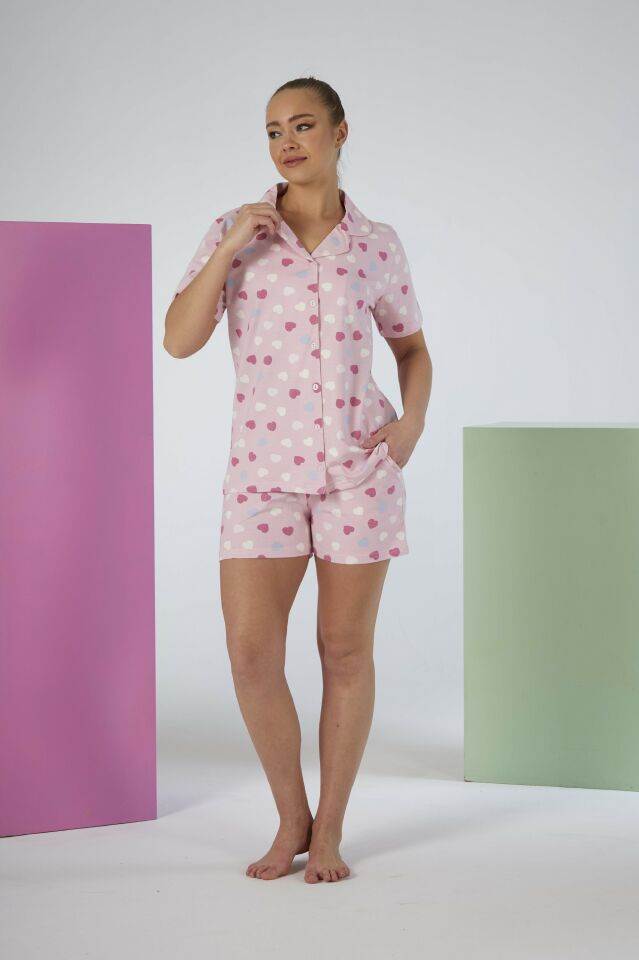 Kadın Yazlık Kalp Desenli Önden Düğmeli Şortlu Penye Lycra Pijama Takımı S - Pembe