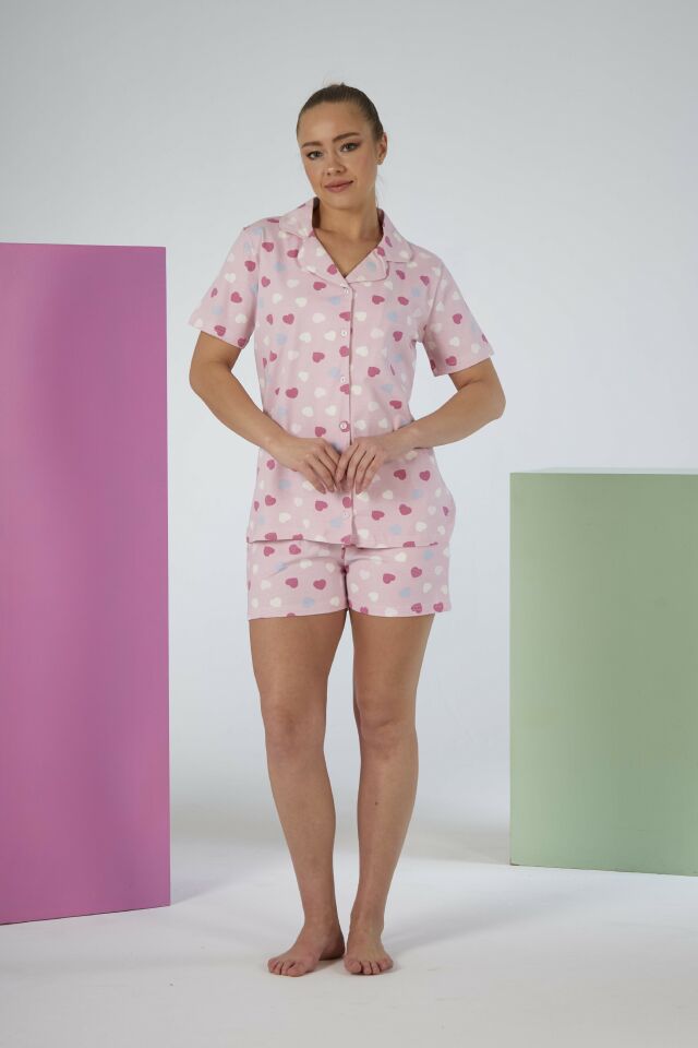 Kadın Yazlık Kalp Desenli Önden Düğmeli Şortlu Penye Lycra Pijama Takımı S - Pembe