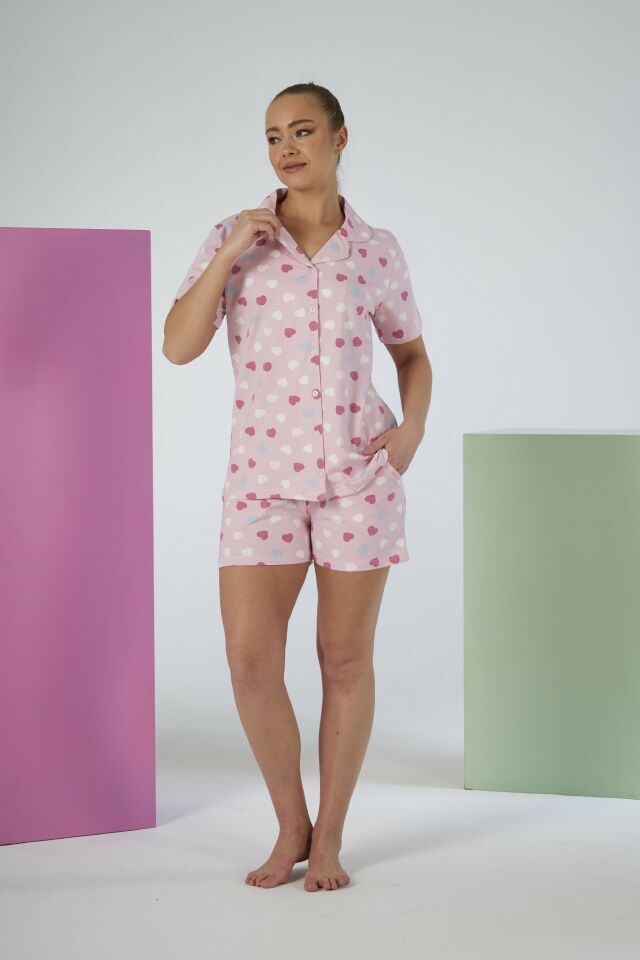 Kadın Yazlık Kalp Desenli Önden Düğmeli Şortlu Penye Lycra Pijama Takımı S - Pembe