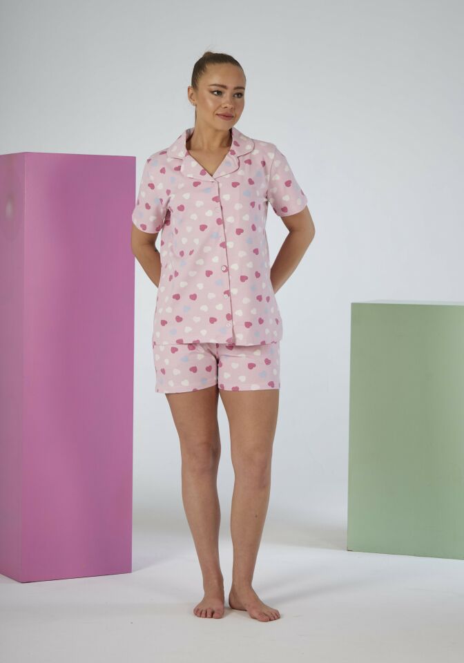 Kadın Yazlık Kalp Desenli Önden Düğmeli Şortlu Penye Lycra Pijama Takımı S - Pembe