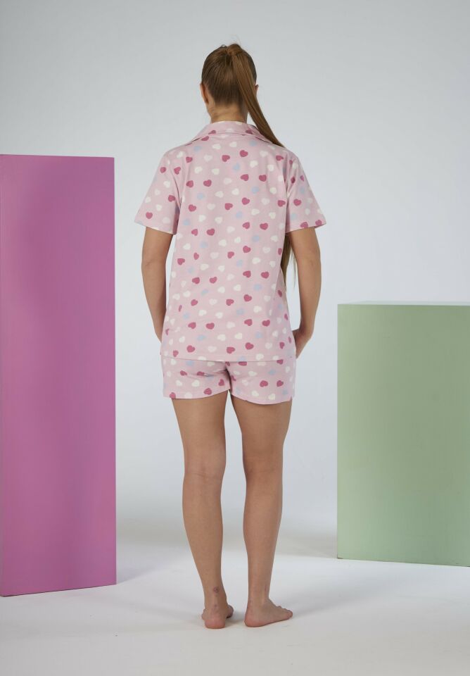 Kadın Yazlık Kalp Desenli Önden Düğmeli Şortlu Penye Lycra Pijama Takımı M - Pembe