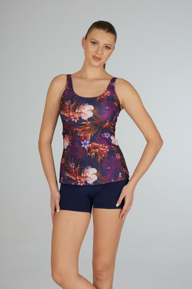 Estiva Kadın Çiçek Desenli Lacivert Emprime Şortlu Tankini alternatif görsel